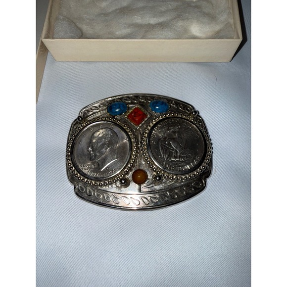 Other - Vintage Bicentennial Eisenhower Silver Dollar Belt Buckle Turquoise Coral Stone